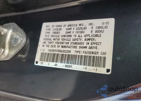 2006 Honda Accord Ex from USA, damaged, VIN 1HGCM72796A002256